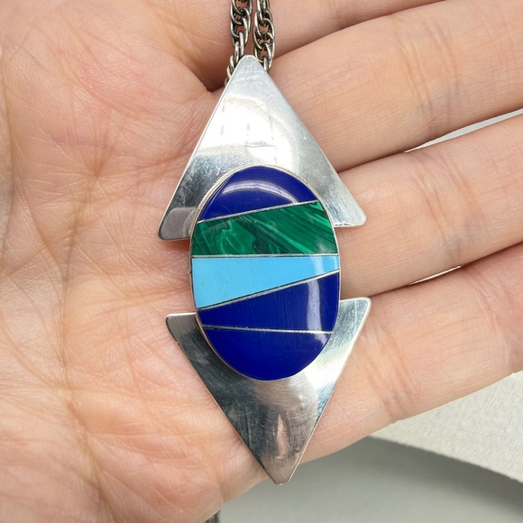 FM Fred Maloney Navaho Necklace Sterling Silver Lapis Malachite Turquoise Inlay